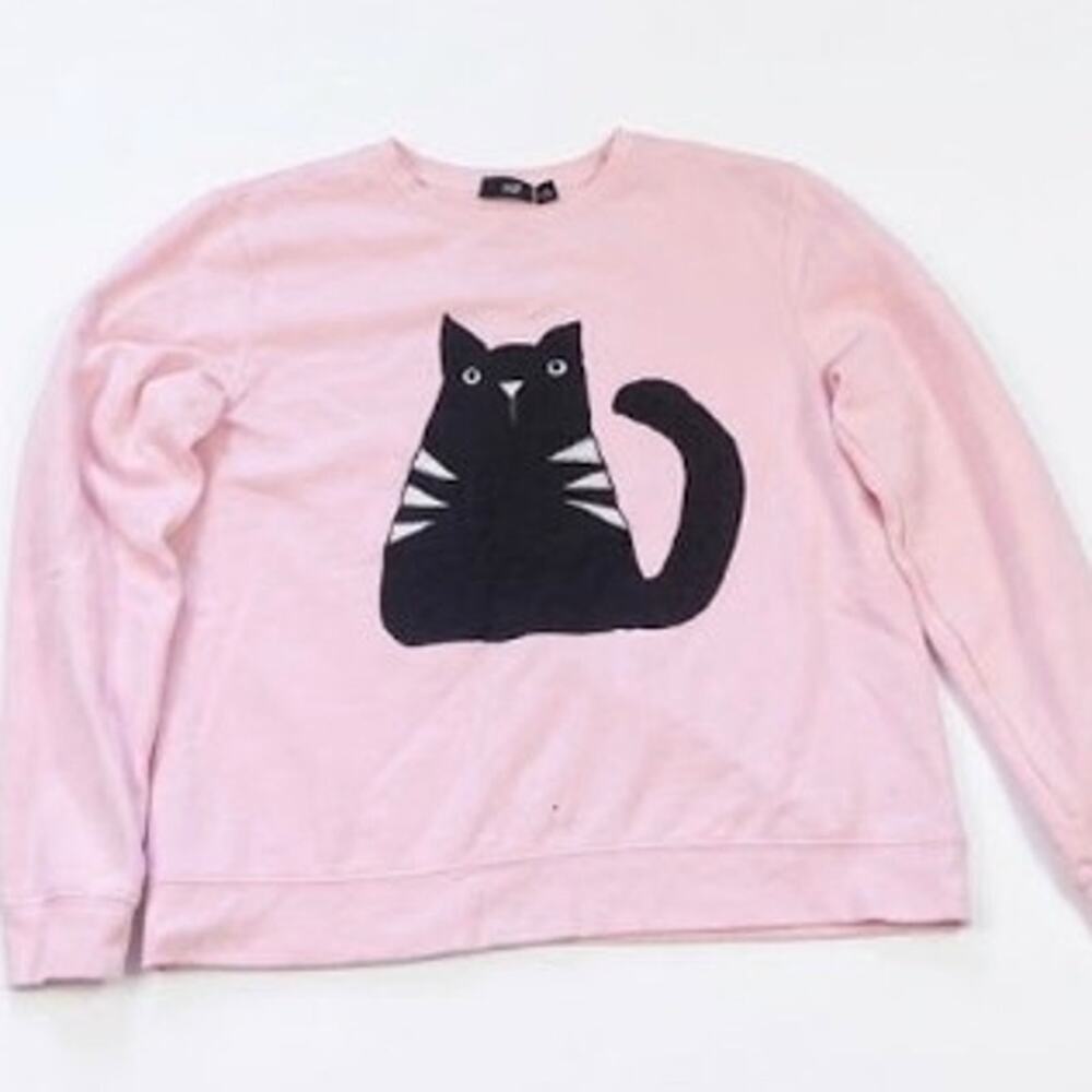 Tek Gear Sweatshirt Women Large Pink Custom Upcycled Black Cat Patch Crafty Cozy